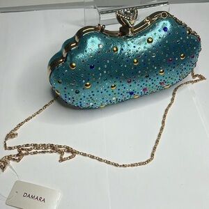 Damara Hardshell Evening Teal Metallic Geometric Clutch Shoulder Bag - New